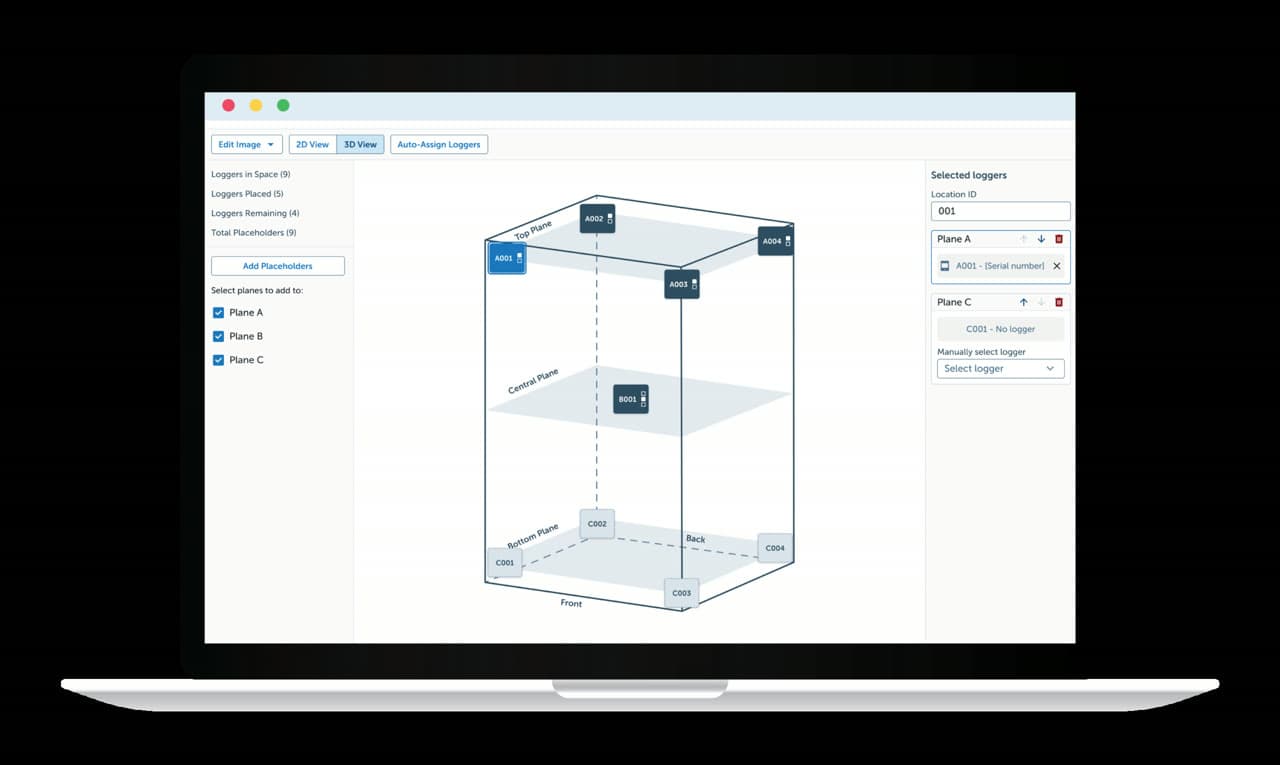 Dickson Mapping Suite software showing 3D temperature logger placement in a cold storage space for qualification studies