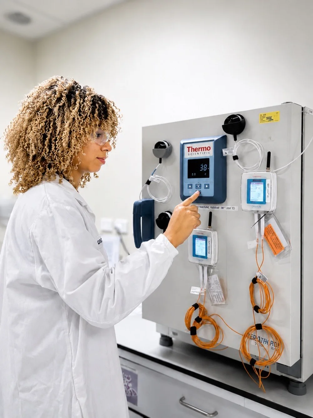 Douglas Pharmaceuticals technician checking Dickson wireless data loggers on monitored equipment