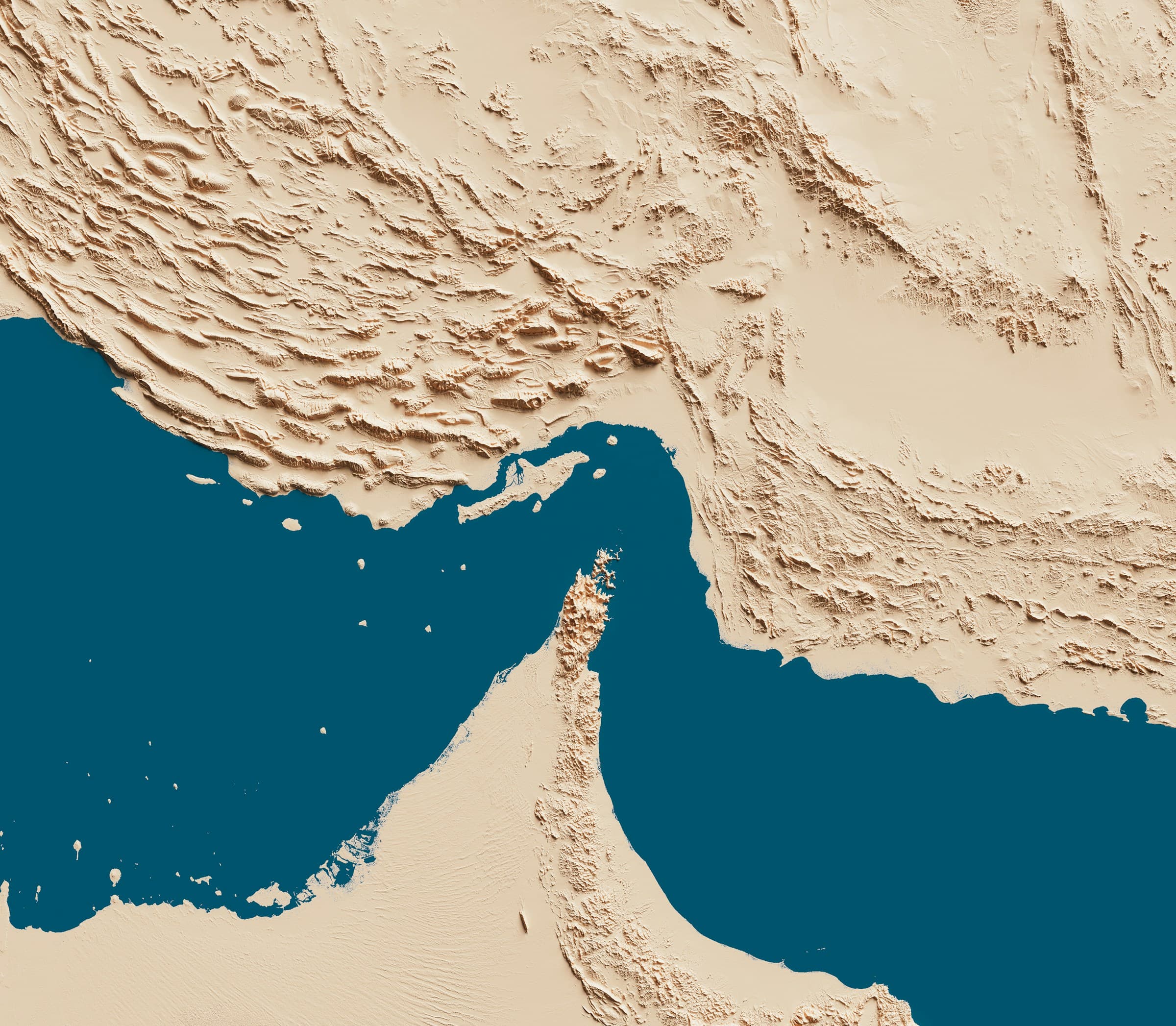 Topographic map of the Strait of Hormuz, a key shipping chokepoint between the Persian Gulf and the Gulf of Oman