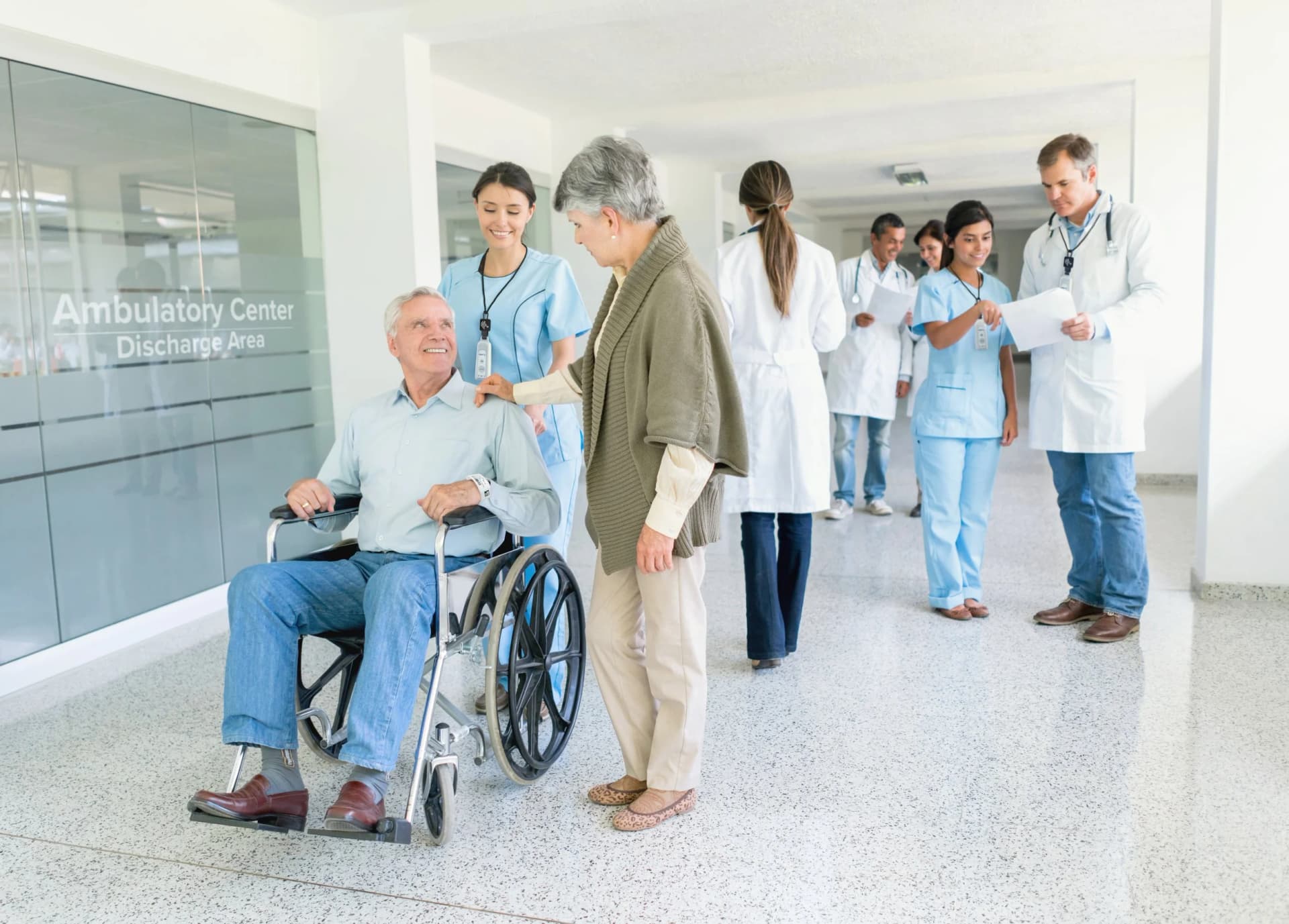 Hospital ambulatory centre discharge area with patients and medical staff