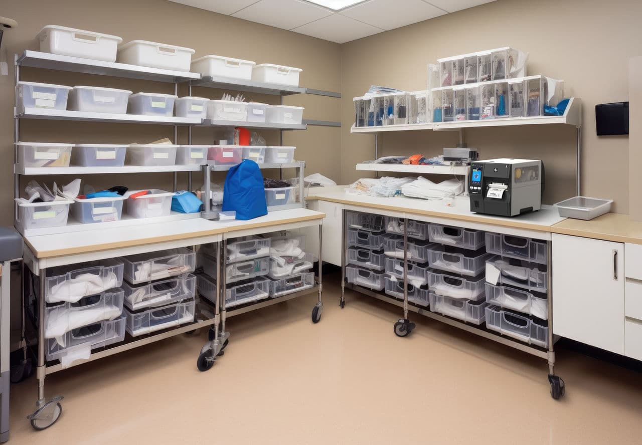 Hospital supply room with Zebra ZT411 RFID printer for tagging medical supplies and equipment