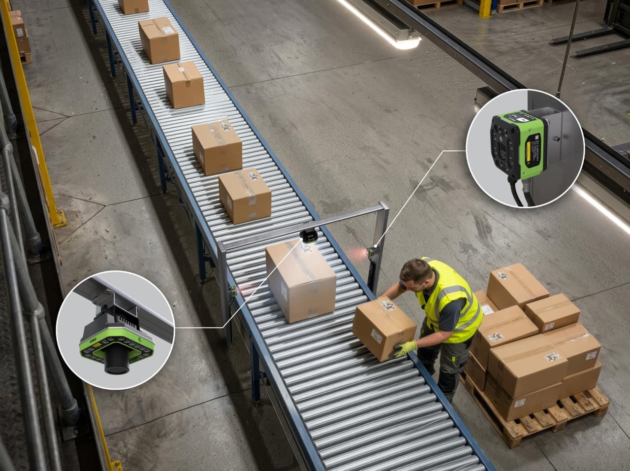 Overhead Zebra fixed scanner automatically reading parcels on a conveyor belt in a logistics facility